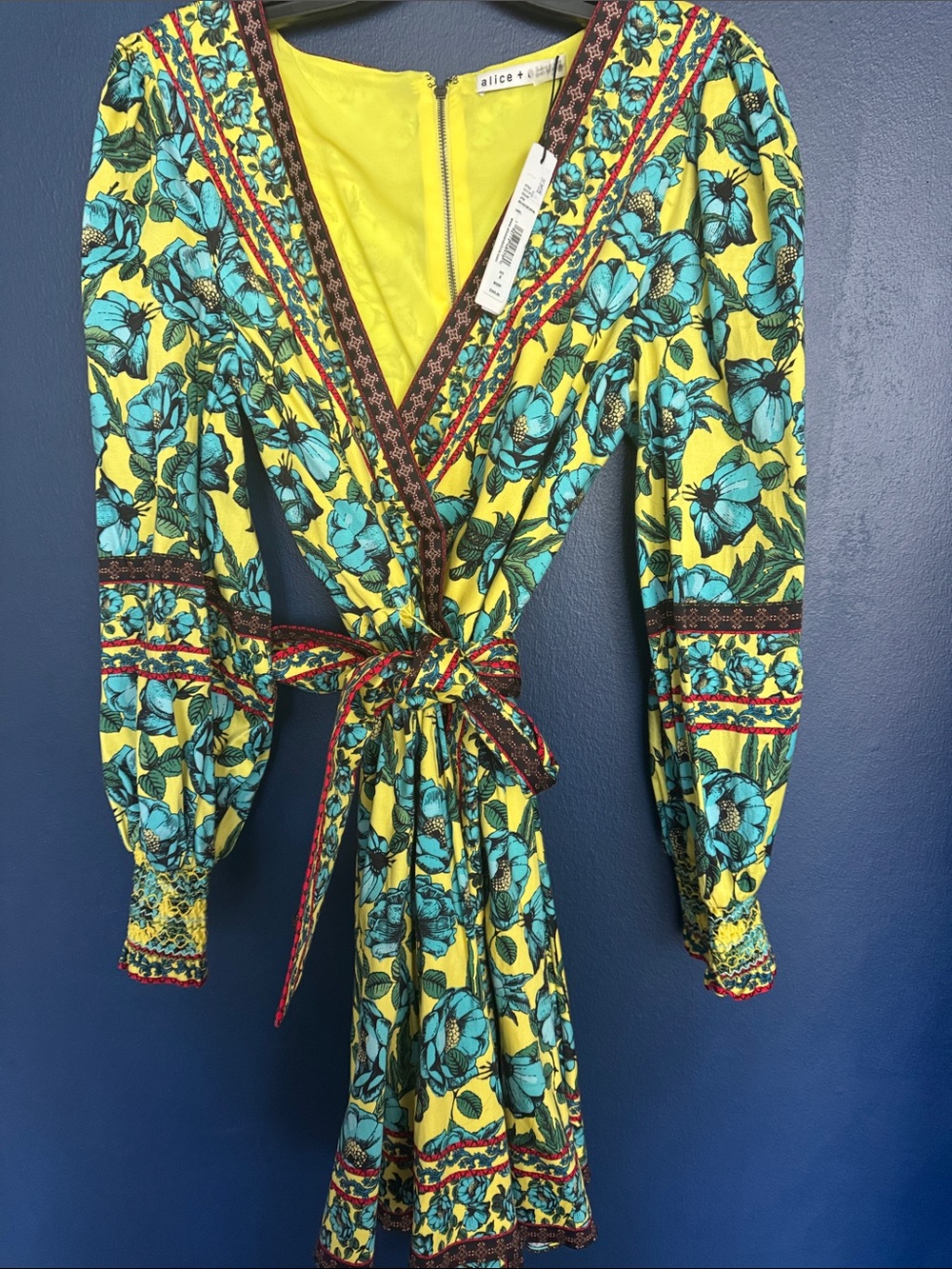Alice + Olivia Yellow Floral Wrap Dress with Teal Blue Print